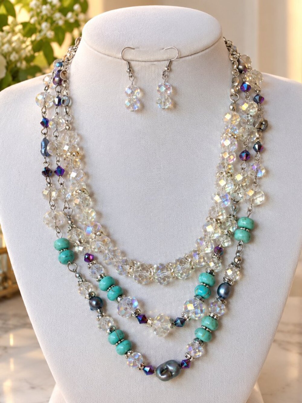 Three layers turquoise and clear crystal set